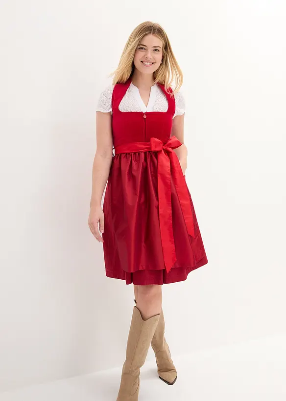 Dirndl mit Samt-Mieder und Satin-Schürze (2-tlg.Set) in rot von vorne (Totalaufnahme) - bonprix