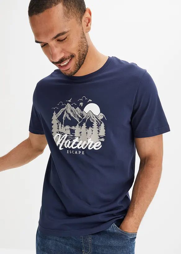 T-Shirt aus reiner Bio-Baumwolle in blau von vorne (im Anschnitt) - bonprix