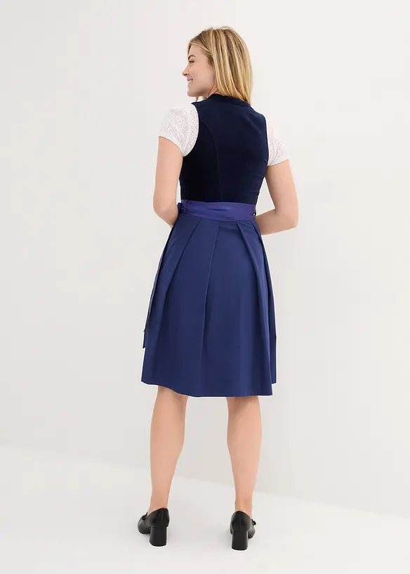 Dirndl mit Samt-Mieder und Satin-Schürze (2-tlg.Set) in blau von hinten (Totalaufnahme) - bonprix