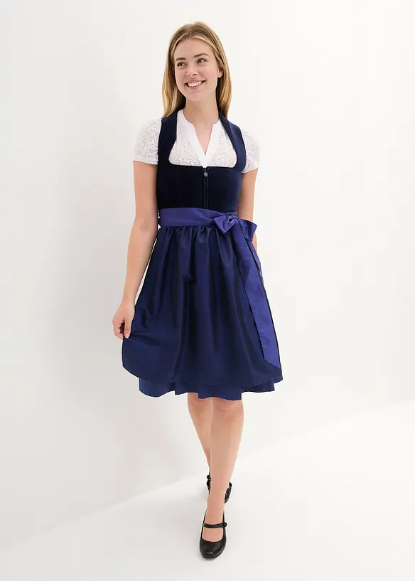 Dirndl mit Samt-Mieder und Satin-Schürze (2-tlg.Set) in blau von vorne (Totalaufnahme) - bonprix
