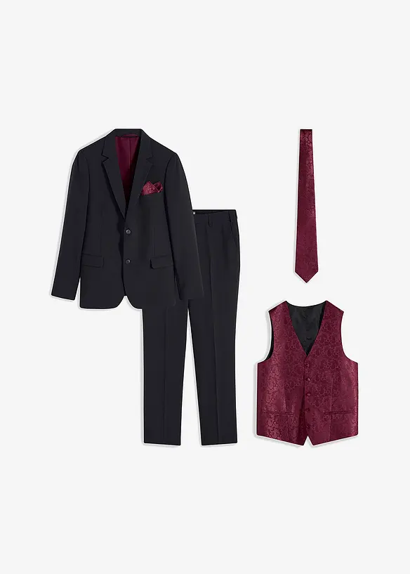 Hochzeitsanzug Slim Fit (5-tlg.Set): Sakko, Hose, Weste, Krawatte, Einstecktuch in schwarz von vorne - bonprix