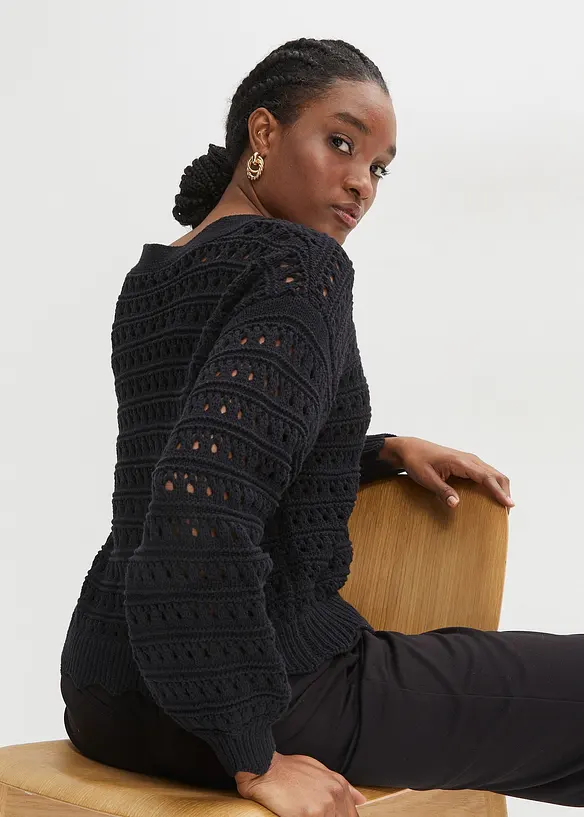 Ajour-Strickjacke aus reiner Baumwolle in schwarz von hinten (im Anschnitt) - bonprix Ajour-Strickjacke aus reiner Baumwolle in schwarz von hinten (im Anschnitt) - bonprix