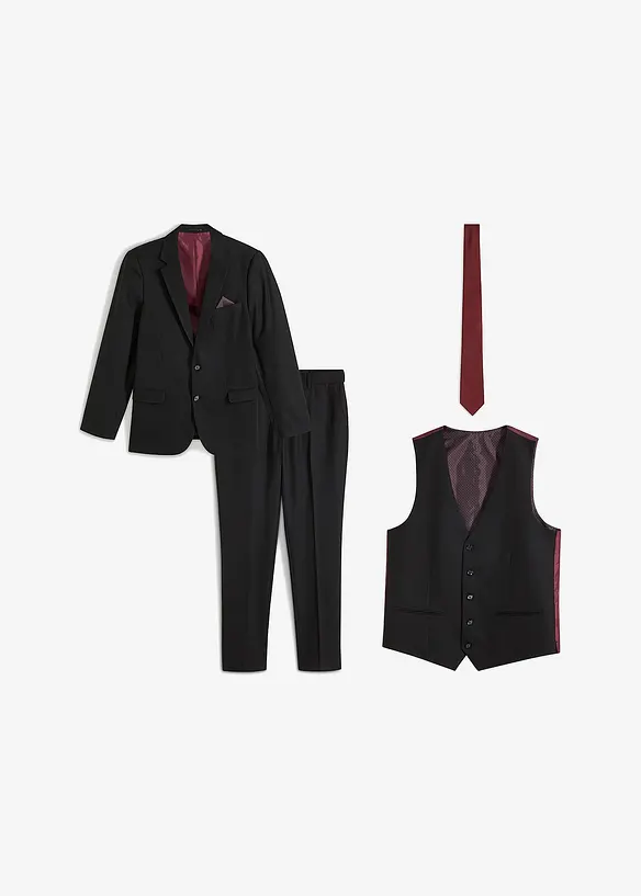 Anzug Slim Fit (4-tlg.Set): Sakko, Hose, Weste, Krawatte und Einstecktuch in schwarz von vorne - bonprix