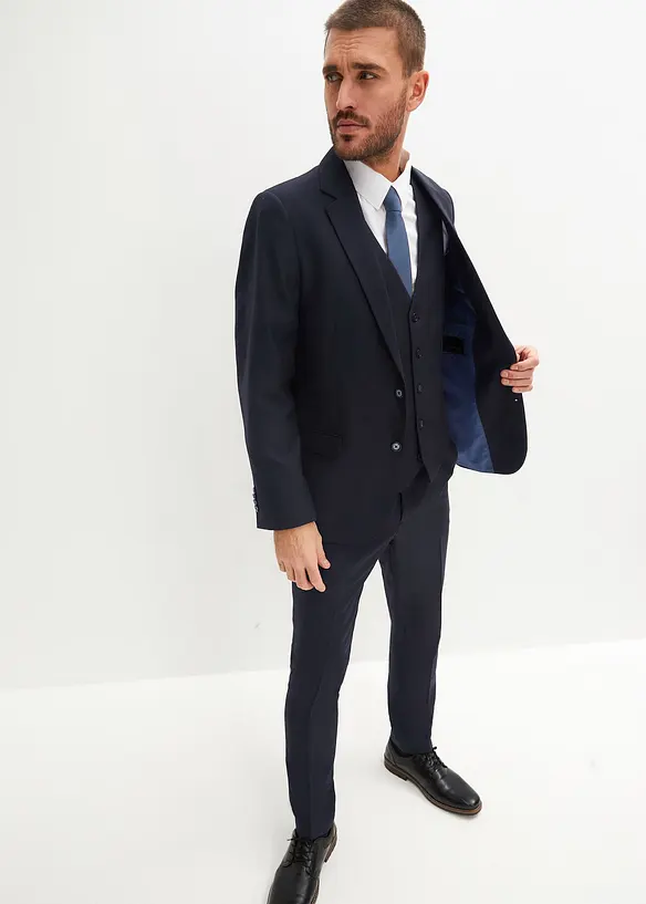 Anzug mit Weste und Krawatte in Slim Fit (4-tlg.Set) in blau von vorne (Totalaufnahme) - bonprix