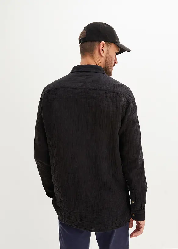 Langarmhemd aus Musselin in Regular Fit in schwarz von hinten (im Anschnitt) - bonprix