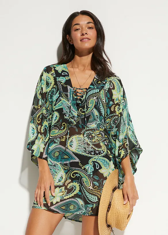 Strandtunika aus leichtem Chiffon in schwarz von vorne (Totalaufnahme) - bonprix