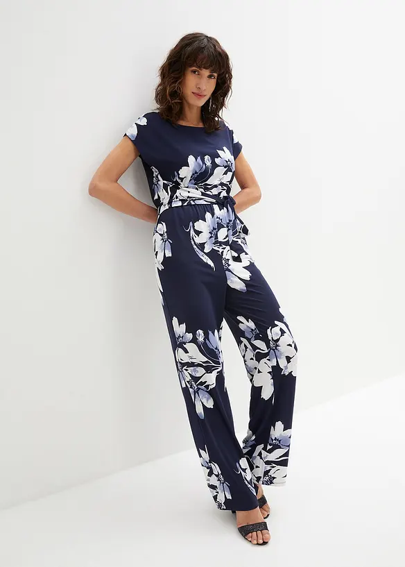 Jumpsuit mit Bindeband in blau von vorne (Totalaufnahme) - bonprix
