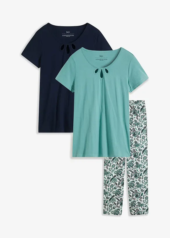 Pyjama aus reiner Baumwolle (3-tlg.Set) in blau von vorne - bonprix