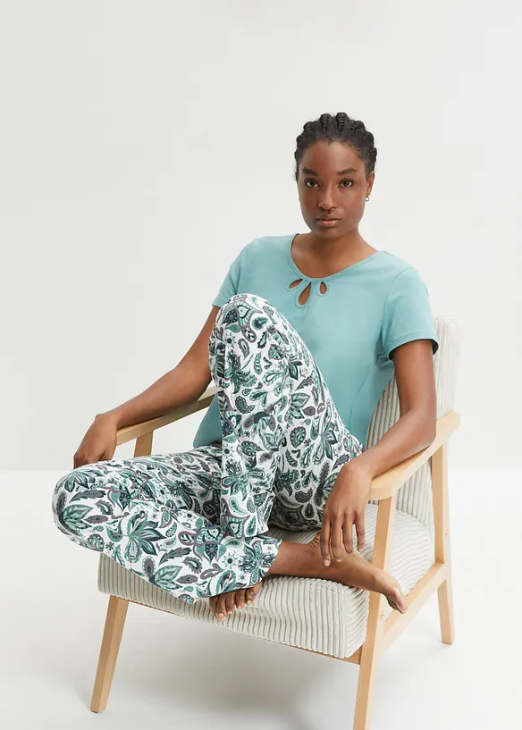 Pyjama aus reiner Baumwolle (3-tlg.Set) in blau von vorne (Totalaufnahme) - bonprix