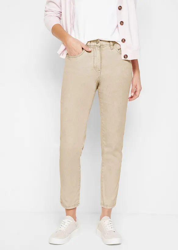 Verkürzte Twill-Hose im Used-Look aus Baumwoll-Mix in beige von vorne - bonprix