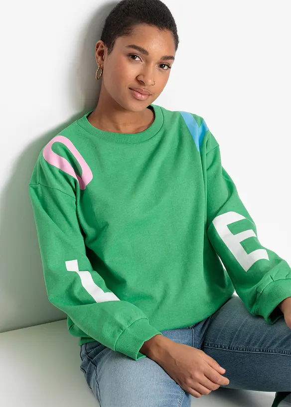 Oversize-Sweatshirt aus weichem Baumwoll-Mix in grün von vorne (im Anschnitt) - bonprix Oversize-Sweatshirt aus weichem Baumwoll-Mix in grün von vorne (im Anschnitt) - bonprix