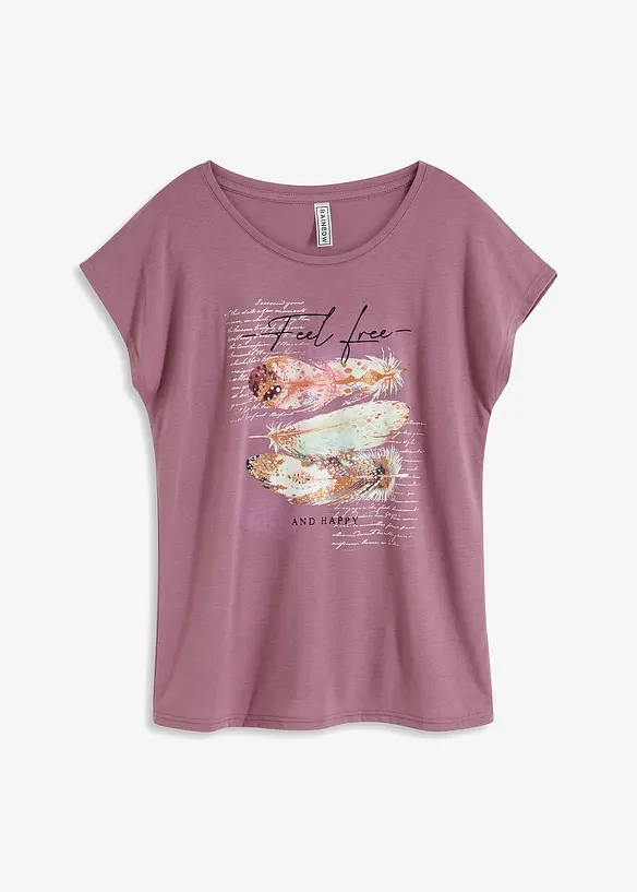 T-Shirt mit Federdruck in lila von vorne - bonprix