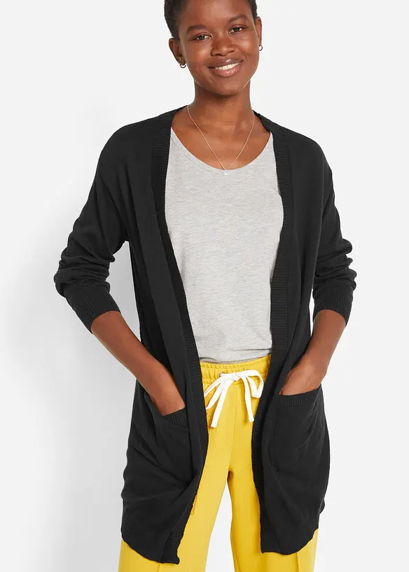 Baumwoll-Feinstrickjacke in schwarz von vorne (im Anschnitt) - bonprix