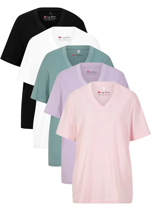 Weites Long-Shirt mit V-Ausschnitt, Kurzarm (5er Pack) in lila von vorne - bonprix