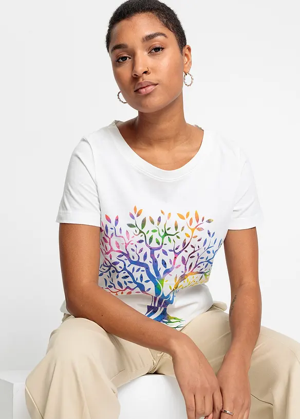 Bedrucktes T-Shirt aus Bio-Baumwolle in weiß von vorne (im Anschnitt) - bonprix