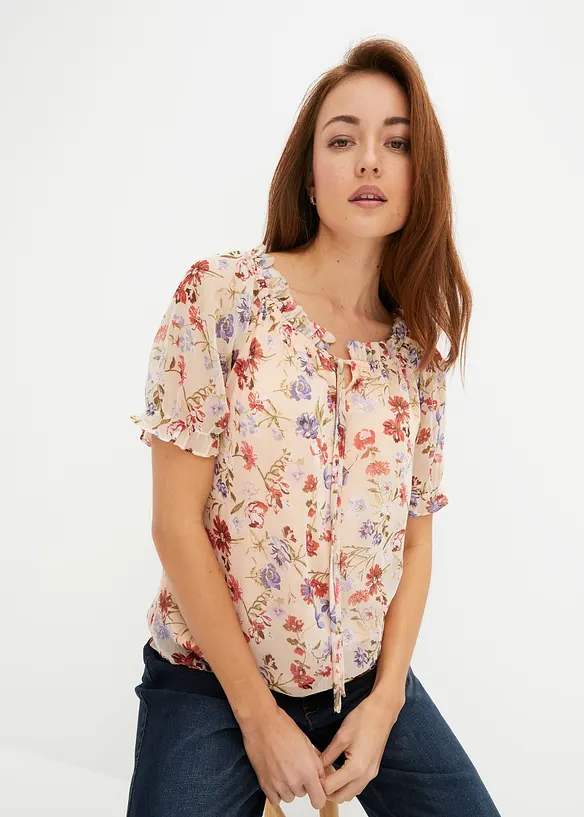 Carmen-Tunikabluse mit Bindedetail in rosa von vorne (im Anschnitt) - bonprix Carmen-Tunikabluse mit Bindedetail in rosa von vorne (im Anschnitt) - bonprix