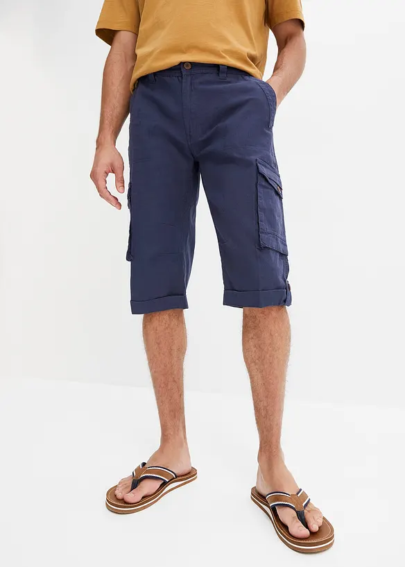 Regular Fit Cargo-Long-Bermuda aus luftigem Leinen-Mix in blau von vorne - bonprix