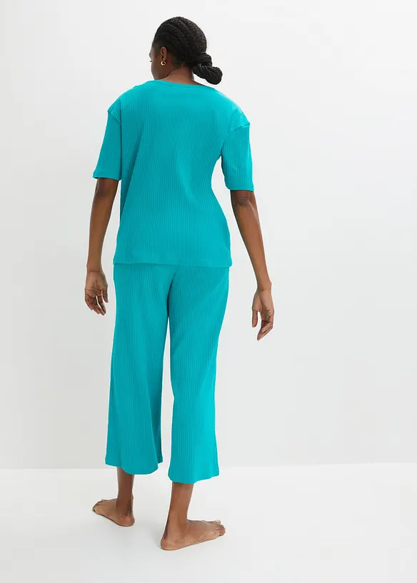 Loungewear Hausanzug aus Rippe mit Culotte in grün von hinten (Totalaufnahme) - bonprix