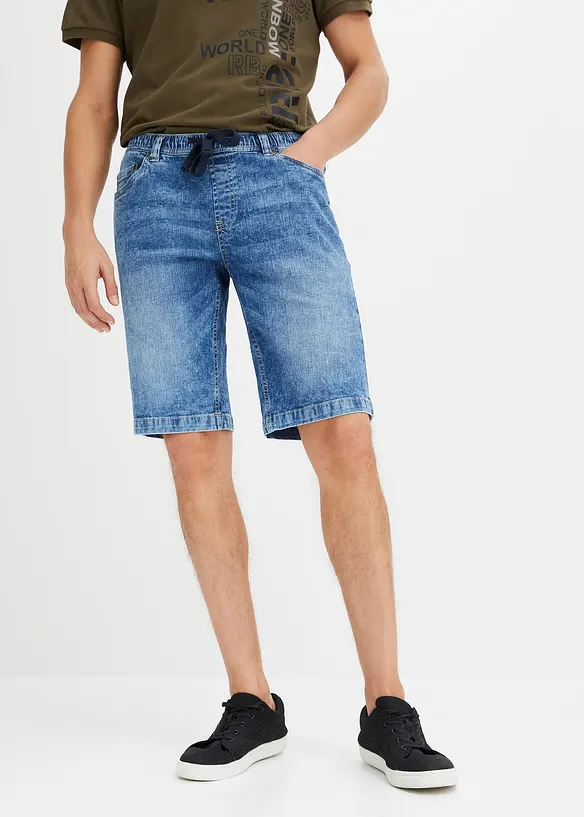 Leichte Schlupf-Jeans-Bermuda mit Dehnbund in Slim-Fit in blau von vorne - bonprix
