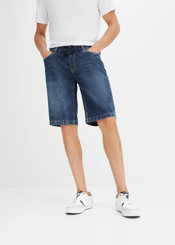 Leichte Schlupf-Jeans-Bermuda mit Dehnbund in Slim-Fit in blau von vorne - bonprix