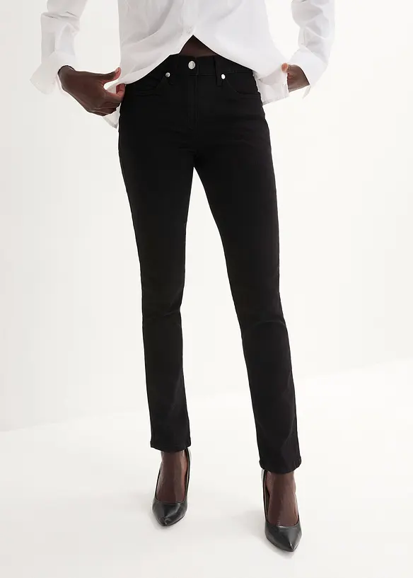 Slim-Fit-Jeans Mid Waist, Super Stretch in schwarz von vorne - bonprix