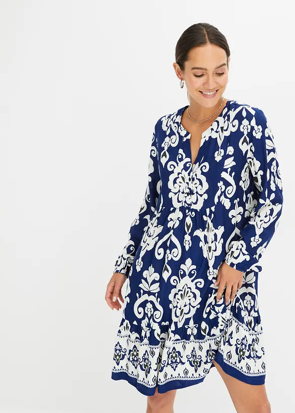 bedrucktes Tunika-Kleid in blau von vorne (Totalaufnahme) - bonprix