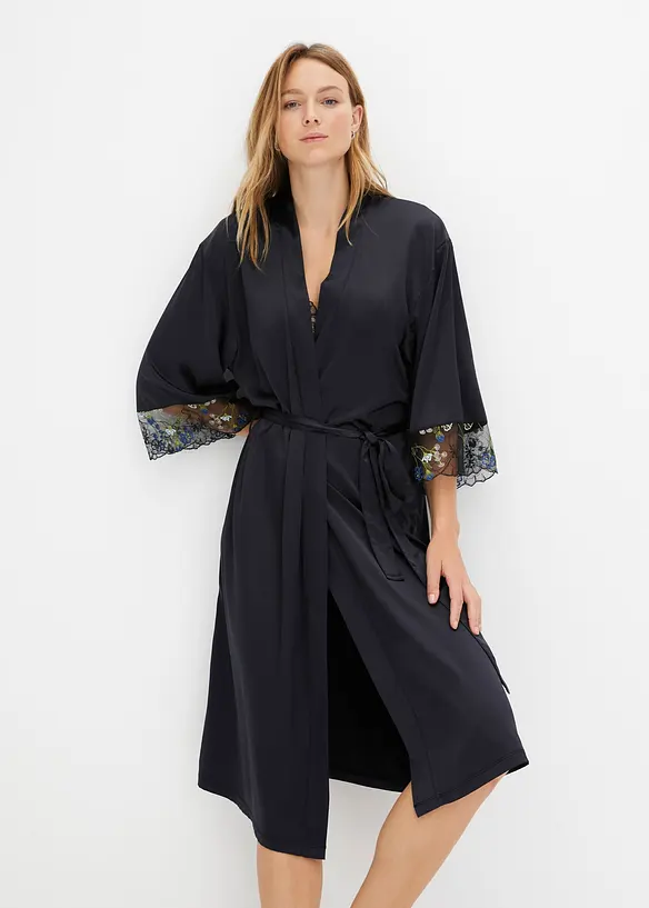 Satin Kimono mit Stickerei in schwarz von vorne (Totalaufnahme) - bonprix