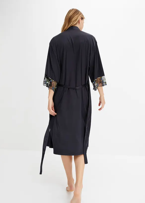 Satin Kimono mit Stickerei in schwarz von hinten (Totalaufnahme) - bonprix