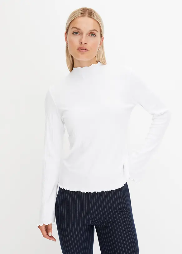 Geripptes Langarmshirt in weiß von vorne (im Anschnitt) - bonprix