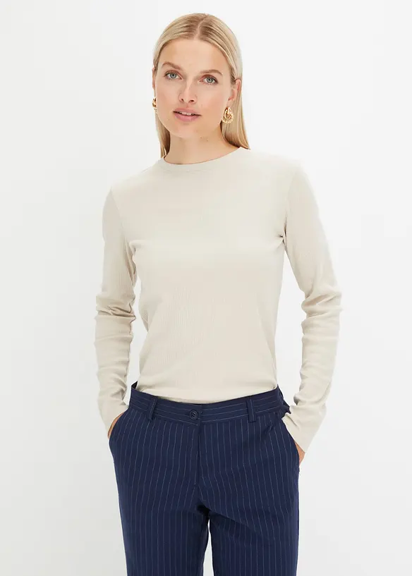 Geripptes Langarmshirt aus reiner Baumwolle in grau von vorne (im Anschnitt) - bonprix Geripptes Langarmshirt aus reiner Baumwolle in grau von vorne (im Anschnitt) - bonprix