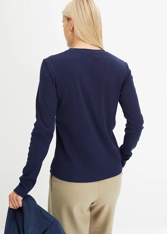 Geripptes Langarmshirt aus reiner Baumwolle in blau von hinten (im Anschnitt) - bonprix