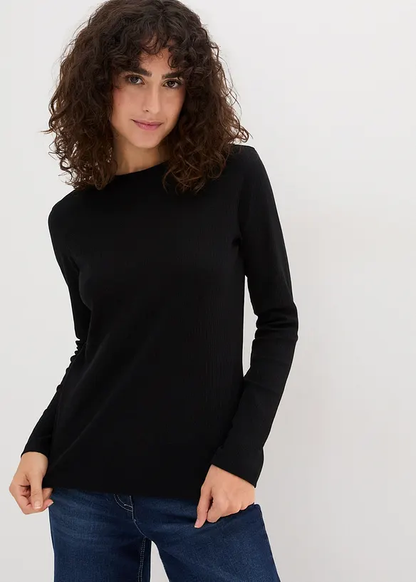 Geripptes Langarmshirt aus reiner Baumwolle in schwarz von vorne (im Anschnitt) - bonprix Geripptes Langarmshirt aus reiner Baumwolle in schwarz von vorne (im Anschnitt) - bonprix