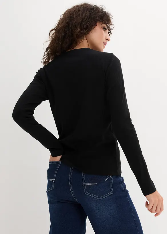 Geripptes Langarmshirt aus reiner Baumwolle in schwarz von hinten (im Anschnitt) - bonprix Geripptes Langarmshirt aus reiner Baumwolle in schwarz von hinten (im Anschnitt) - bonprix