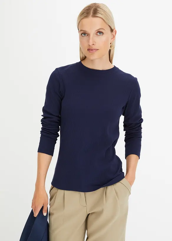 Geripptes Langarmshirt aus reiner Baumwolle in blau von vorne (im Anschnitt) - bonprix