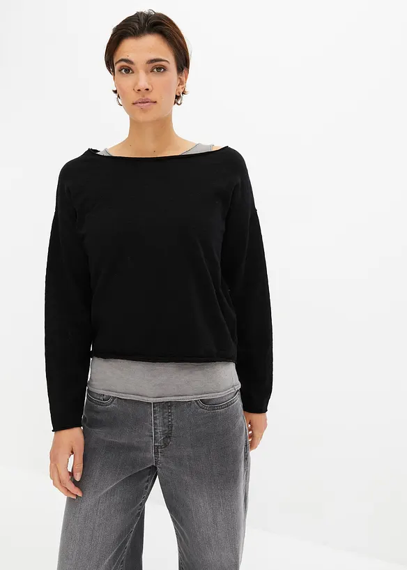 Pullover und Top aus reiner Baumwolle (2-tlg.Set) in schwarz von vorne (im Anschnitt) - bonprix