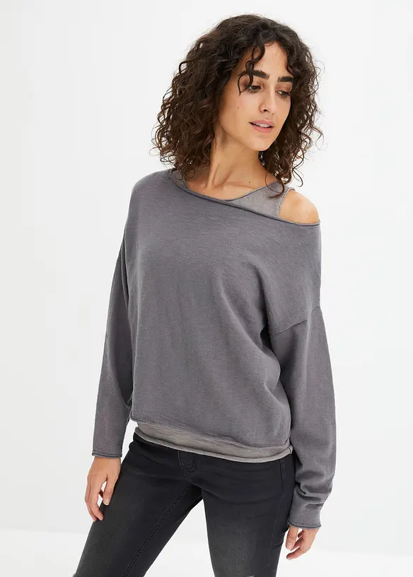 Pullover und Top aus reiner Baumwolle (2-tlg.Set) in grau von vorne (im Anschnitt) - bonprix