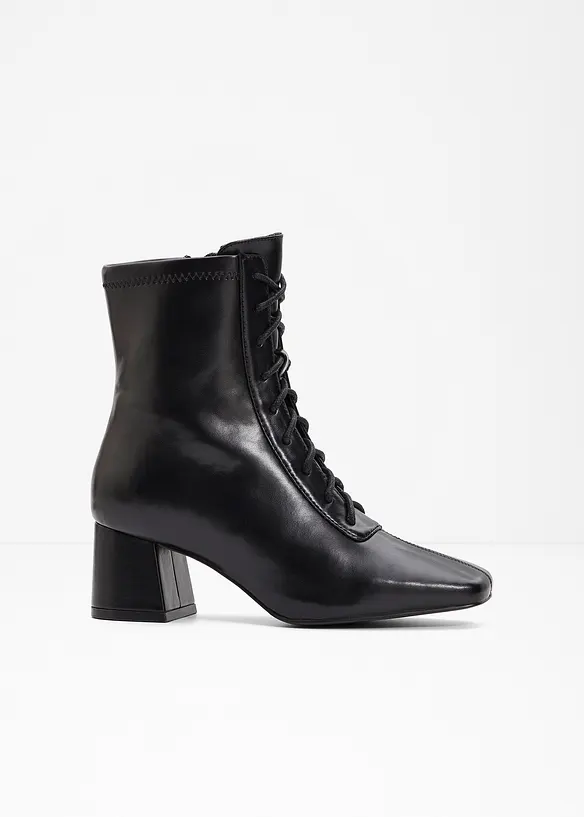 Schnürstiefeletten mit Blockabsatz in schwarz von vorne - bonprix