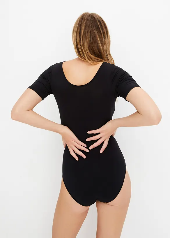 Halbarm-Body aus Modal mit Spitze in schwarz von hinten (Totalaufnahme) - bonprix