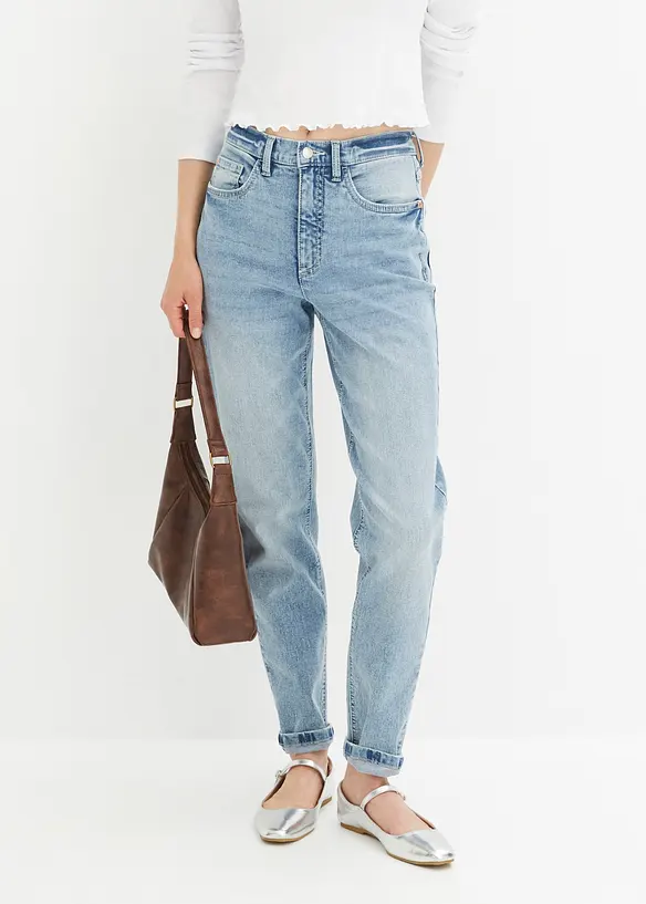 Mom Jeans High Waist, Stretch in blau von vorne - bonprix