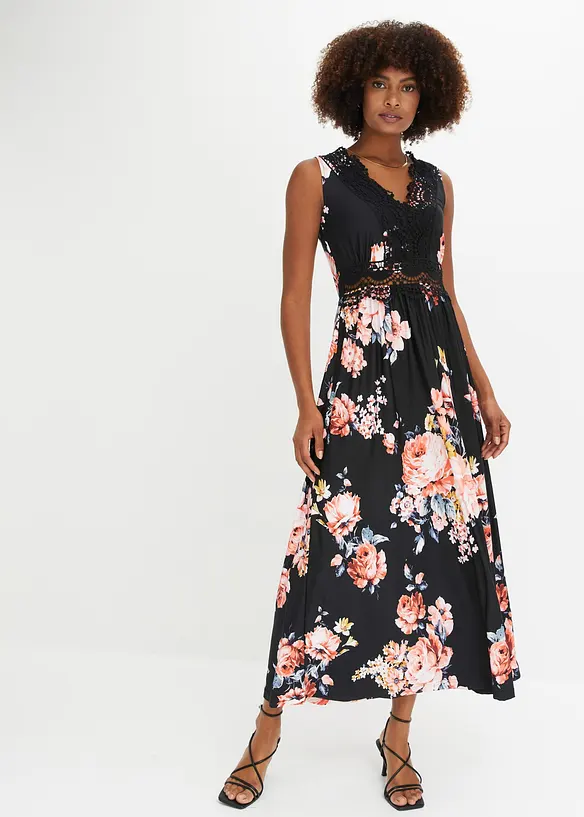 Jerseykleid mit Spitze in schwarz von vorne (Totalaufnahme) - bonprix