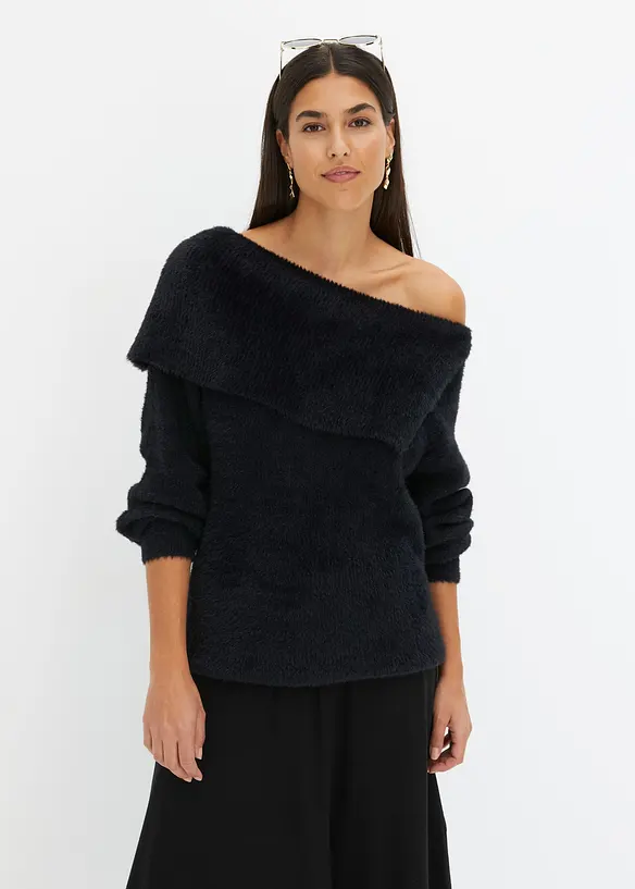 Asymmetrischer Off-Shoulder Pullover in schwarz von vorne (im Anschnitt) - bonprix