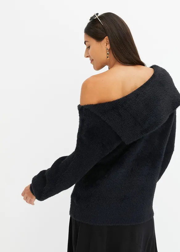 Asymmetrischer Off-Shoulder Pullover in schwarz von hinten (im Anschnitt) - bonprix