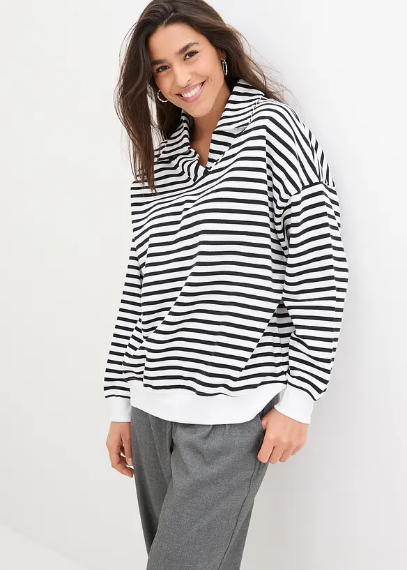 Oversize-Sweatshirt mit V-Ausschnitt und Polokragen in weiß von vorne (im Anschnitt) - bonprix