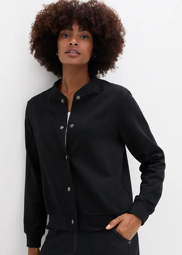 Sweatjacke mit Knopfleiste in schwarz von vorne (im Anschnitt) - bonprix Sweatjacke mit Knopfleiste in schwarz von vorne (im Anschnitt) - bonprix