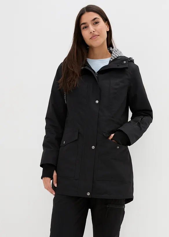 wasserdichte 3in1 Longjacke mit praktischen Taschen in schwarz von vorne (im Anschnitt) - bonprix