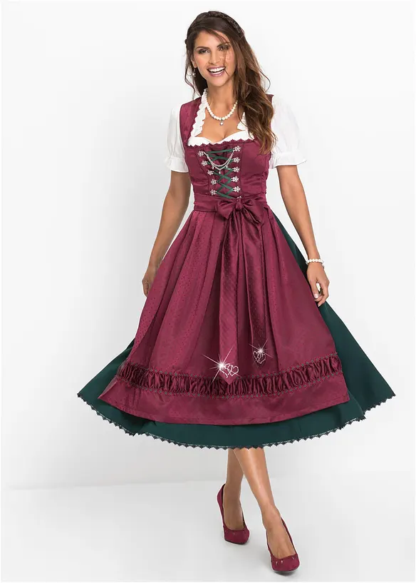 Dirndl mit bestickter Satin-Schürze (2-tlg.Set) in rot von vorne (Totalaufnahme) - bonprix