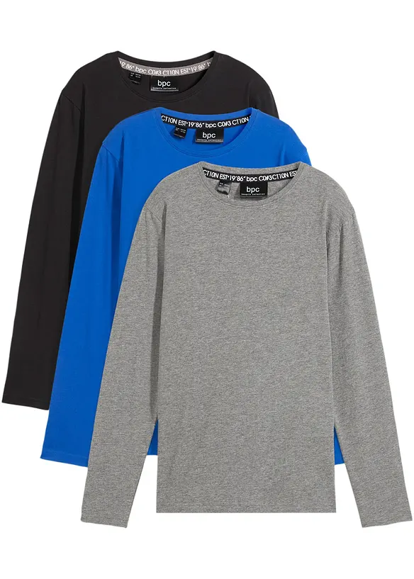 Langarmshirt mit Bio Baumwolle (3er-Pack) in blau von vorne - bonprix
