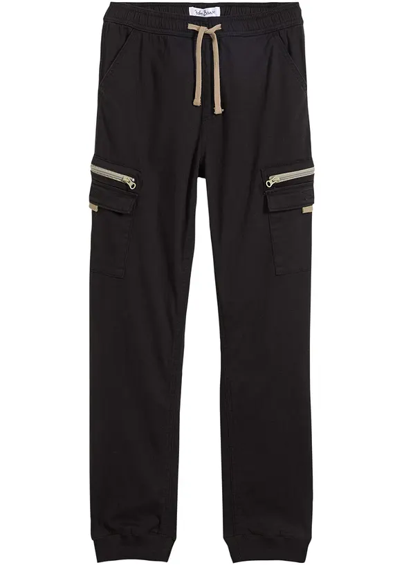 Regular Fit Cargo-Schlupfhose aus elastischen Baumwoll-Mix, Straight in schwarz von vorne - bonprix