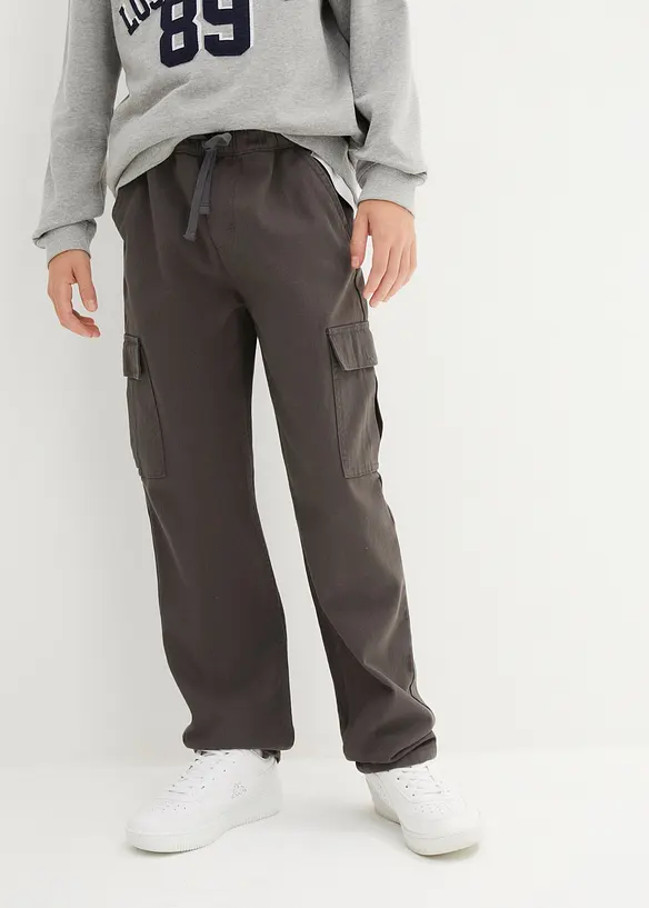 Loose Fit Cargo-Schlupfhose aus reiner Baumwolle, Straight in grau von vorne - bonprix
