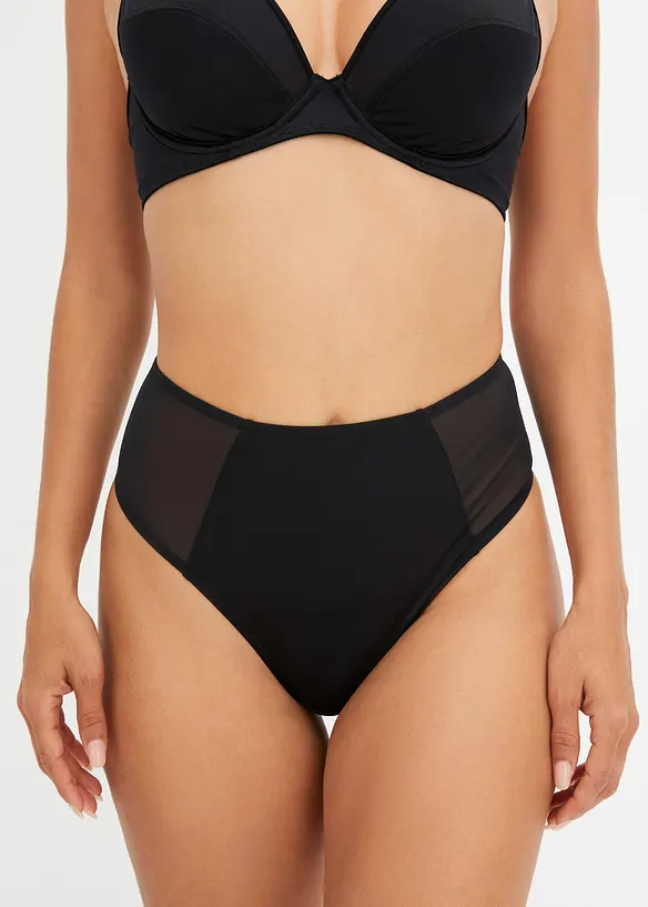 Highwaist String mit Mesh-Einsatz in schwarz von vorne - bonprix
